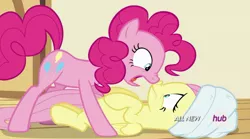 Size: 1818x1011 | Tagged: all new, boop, derpibooru import, filli vanilli, fluttershy, frown, hub logo, noseboop, nose wrinkle, on back, open mouth, pinkie pie, pinkie prick, safe, screencap, standing, text, towel, wide eyes, yelling