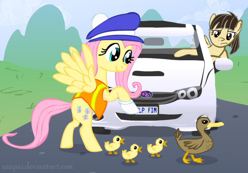 Size: 857x600 | Tagged: safe, artist:snapai, derpibooru import, fluttershy, wild fire, duck, pegasus, pony, bipedal, car, crossing, duckling, female, mare, ponysona, sibsy, subaru