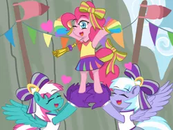 Size: 1024x768 | Tagged: artist:yichiau, cheerleader, cheerleader pinkie, cheerleading, dancing, derpibooru import, lilac sky, pinkie pie, rainbow falls, safe, skirt, spring step, sunlight spring