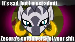 Size: 1280x720 | Tagged: safe, derpibooru import, screencap, big macintosh, zecora, earth pony, pony, zebra, filli vanilli, image macro, male, meme, reaction image, rhyme, stallion, unamused, vulgar