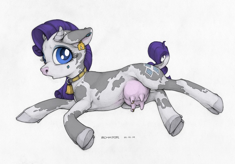 Size: 1280x895 | Tagged: artist:ecmajor, cow, cowbell, ear tag, piercing, raricow, rarity, safe, solo, species swap, udder, underhoof