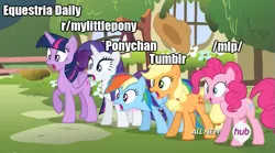 Size: 691x384 | Tagged: safe, derpibooru import, screencap, applejack, pinkie pie, rainbow dash, rarity, twilight sparkle, twilight sparkle (alicorn), alicorn, pony, equestria daily, filli vanilli, /mlp/, female, image macro, mare, meme, metaphor, open mouth, ponychan, reaction image, reddit, shock, smiling, tumblr, varying degrees of want