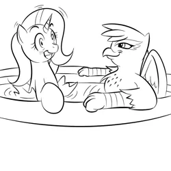 Size: 800x800 | Tagged: source needed, suggestive, artist:kloudmutt, derpibooru import, gilda, trixie, gryphon, pony, unicorn, blushing, female, glixie, hot tub, implied sex, interspecies, lesbian, lineart, monochrome, shipping