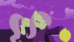 Size: 576x324 | Tagged: safe, derpibooru import, screencap, fluttershy, pinkie pie, rainbow dash, twilight sparkle, twilight sparkle (alicorn), alicorn, pony, filli vanilli, all new, animated, female, flying, frown, glare, grin, hanging, hub logo, hubble, jerk, mare, not helping, pinkie prick, prone, smiling, spread wings, talking, text, the hub, unamused, wide eyes