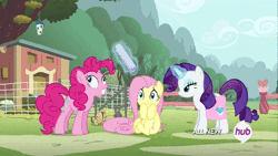 Size: 600x338 | Tagged: safe, derpibooru import, screencap, fluttershy, pinkie pie, rarity, earth pony, pegasus, pony, unicorn, filli vanilli, animated, bad pinkie, bad pony, blinking, cowering, cute, derp, diapinkes, eyes closed, female, frown, glare, grin, gritted teeth, levitation, magic, mare, newspaper, scared, shivering, smiling, swatting, telekinesis, tongue out, trembling, wide eyes