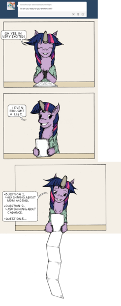 Size: 949x2394 | Tagged: artist:dreamingnoctis, ask asylum twilight, asylum, derpibooru import, excited, eyes closed, grin, hoof hold, list, looking at you, reading, safe, shining armor, smiling, tumblr, twilight sparkle, unshorn fetlocks