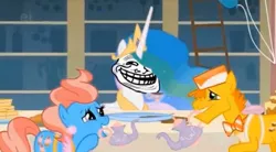 Size: 599x330 | Tagged: a bird in the hoof, carrot cake, cup cake, derpibooru import, edit, edited screencap, mouth hold, princess celestia, safe, screencap, teapot, trollestia, trollface