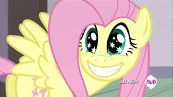 Size: 630x354 | Tagged: safe, derpibooru import, screencap, fluttershy, filli vanilli, animated, cute, eye shimmer, faic, grin, hub logo, shyabetes, smiling, solo, spread wings, squee, starry eyes, weapons-grade cute, wingding eyes
