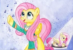 Size: 1750x1218 | Tagged: safe, artist:nancyksu, derpibooru import, fluttershy, pegasus, pony, filli vanilli, female, mare, music notes, open mouth, ponytones outfit, raised hoof, singing, spotlight