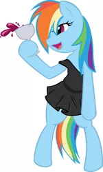 Size: 575x960 | Tagged: safe, artist:bamboodog, derpibooru import, edit, rainbow dash, pony, alcohol, bipedal, clothes, dionysus, dress, drunk, drunker dash, female, goblet, little black dress, mare, off shoulder, open mouth, simple background, smiling, solo, white background, wine, wingless