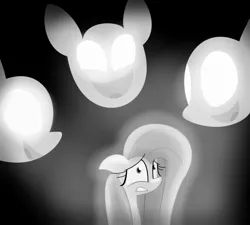 Size: 943x847 | Tagged: artist:littlecloudie, black and white, derpibooru import, filli vanilli, fluttershy, glowing eyes, grayscale, panic attack, safe, scene interpretation, solo, stage fright