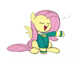 Size: 670x560 | Tagged: safe, artist:carnifex, derpibooru import, fluttershy, pegasus, pony, filli vanilli, cute, eyes closed, female, mare, music notes, open mouth, ponytones outfit, shyabetes, singing, sitting, solo