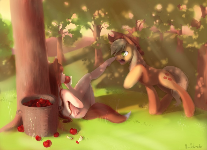 Size: 1651x1200 | Tagged: angry, apple, applejack, artist:wolfiedrawie, boop, crossover, derpibooru import, hat, horo, nudity, questionable, spice and wolf, tree