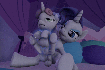 Size: 432x288 | Tagged: explicit, artist:fruitymilk, derpibooru import, rarity, sweetie belle, pony, 3d, age difference, anal, animated, balls, female, filly, foalcon, from behind, futa, futa on female, futa on filly, futa rarity, gif, image, incest, intersex, magic, mare, mare on filly, nudity, open mouth, penis, raribelle, reverse cowgirl, sex, sitting, smiling, source filmmaker, telekinesis, underhoof