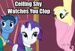 Size: 511x348 | Tagged: suggestive, derpibooru import, edit, edited screencap, screencap, fluttershy, rarity, toe-tapper, pony, unicorn, filli vanilli, caption, ceiling cat, ceiling pony, ceiling shy, clothes, female, image macro, implied masturbation, male, mare, meme, stallion