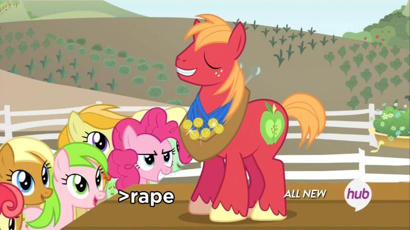 Size: 1440x810 | Tagged: suggestive, derpibooru import, edit, edited screencap, screencap, big macintosh, pinkie pie, earth pony, pony, filli vanilli, >rape, all new, big macintosh's yoke, caption, eyes closed, female, glare, grin, hub logo, hubble, image macro, implied rape, looking up, male, mare, medal, meme, rapeface, rapie pie, smiling, smirk, stage, stallion, text, the hub, turkey call