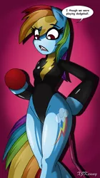 Size: 550x983 | Tagged: anthro, arm hooves, artist:xjkenny, breasts, confused, derpibooru import, dialogue, dodgeball, female, gymnast, high-cut clothing, leotard, rainbow dash, solo, solo female, suggestive, unguligrade anthro