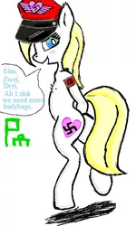 Size: 275x459 | Tagged: artist:randy, aryan pony, blonde, body count, derpibooru import, german, hat, nazi, oc, oc:aryanne, safe, solo, swastika, team captain, unofficial characters only, white