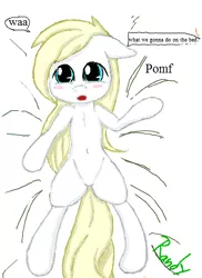 Size: 351x481 | Tagged: artist:randy, aryan pony, belly button, blonde, cute, derpibooru import, first person view, implied foalcon, nazi, oc, oc:aryanne, pomf, solo, suggestive, unofficial characters only, what are we gonna do on the bed?, white