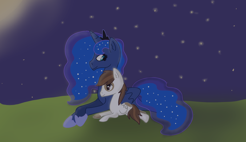 Size: 1500x868 | Tagged: artist:creeperoxx, derpibooru import, female, field, lunapip, male, night, pipsqueak, princess luna, safe, stars, straight