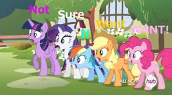 Size: 1060x591 | Tagged: safe, derpibooru import, screencap, applejack, pinkie pie, rainbow dash, rarity, twilight sparkle, twilight sparkle (alicorn), alicorn, pony, filli vanilli, blue text, female, hat, hub logo, hubble, image macro, mare, meme, not sure if want, open mouth, pink text, purple text, smiling, varying degrees of want, want