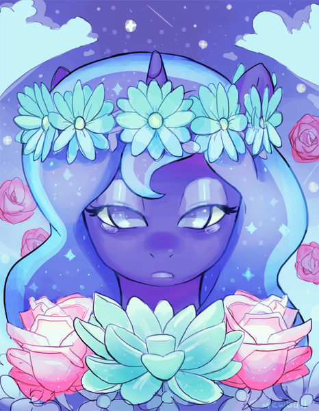 Size: 649x836 | Tagged: safe, artist:mewball, derpibooru import, princess luna, alicorn, pony, bust, crying, female, floral head wreath, flower, looking at you, mare, no pupils, portrait, solo