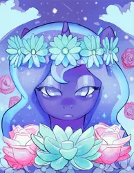 Size: 649x836 | Tagged: safe, artist:mewball, derpibooru import, princess luna, alicorn, pony, bust, crying, female, floral head wreath, flower, looking at you, mare, no pupils, portrait, solo