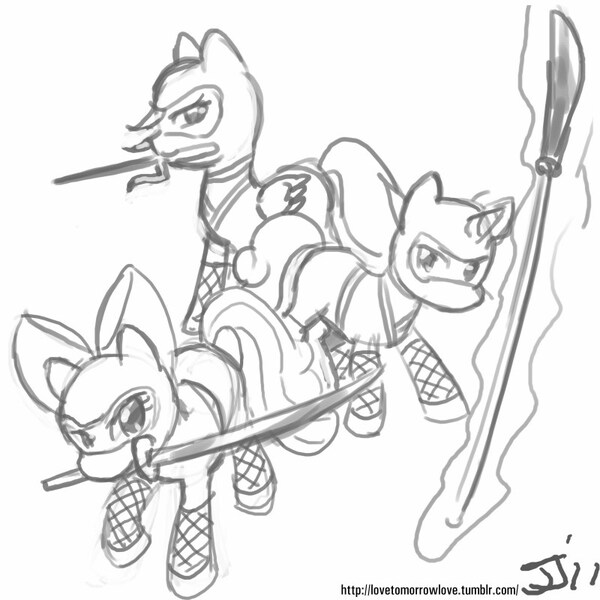 Size: 800x800 | Tagged: apple bloom, artist:johnjoseco, cutie mark crusaders, derpibooru import, grayscale, kunoichi, monochrome, naginata, ninja, safe, scootaloo, sweetie belle, sword, truncheon, weapon