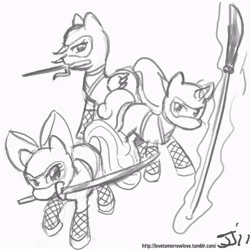 Size: 800x800 | Tagged: apple bloom, artist:johnjoseco, cutie mark crusaders, derpibooru import, grayscale, kunoichi, monochrome, naginata, ninja, safe, scootaloo, sweetie belle, sword, truncheon, weapon