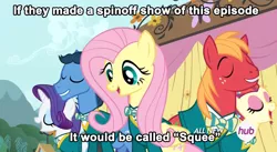 Size: 1171x643 | Tagged: safe, derpibooru import, screencap, big macintosh, fluttershy, rarity, toe-tapper, torch song, earth pony, pony, filli vanilli, bottomless, clothes, glee, image macro, male, meme, partial nudity, squee, stallion, sweater, sweatershy