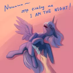 Size: 1500x1500 | Tagged: safe, artist:sokolas, derpibooru import, princess luna, alicorn, human, pony, cute, dialogue, disembodied arm, eyes closed, feather, floppy ears, hand, i am the night, laughing, lunabetes, on back, open mouth, s1 luna, smiling, spread wings, tickling