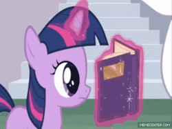 Size: 500x374 | Tagged: safe, derpibooru import, edit, edited screencap, screencap, shining armor, twilight sparkle, pony, a canterlot wedding, 1984, animated, bbbff, big brother, big brother is watching, bipedal, book, frown, head tilt, hug, levitation, magic, one eye closed, open mouth, smiling, telekinesis, wink, wrong aspect ratio