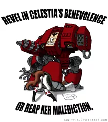 Size: 920x1043 | Tagged: armor, artist:sanity-x, assault cannon, blood ravens, colored, crossover, dreadnought, eldar, eldeer, missile launcher, plot, ponified, semi-grimdark, simple background, space marine, speech bubble, warhammer 40k, warhammer (game), white background