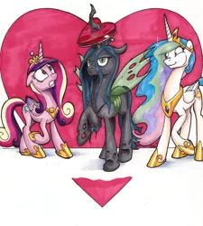 Size: 2394x2658 | Tagged: alicorn, artist:mattings, changeling, changeling queen, female, heart, hearts and hooves day, horn impalement, mare, princess cadance, princess celestia, queen chrysalis, queen chrysalis is not amused, safe, stifling laughter, traditional art, unamused, wavy mouth