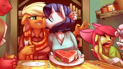 Size: 2000x1125 | Tagged: safe, artist:siden, derpibooru import, apple bloom, applejack, big macintosh, rarity, sweetie belle, anthro, cleavage, clothes, derp, disgusted, ew gay, eyes closed, female, floppy ears, food, gagging, grin, imminent pain, kissing, lesbian, male, meat, open mouth, p<3nies, ponies eating meat, rarijack, scarf, shipping, smiling, steak, table, tongue out, wallpaper, wink