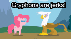 Size: 847x471 | Tagged: safe, derpibooru import, gilda, pinkie pie, earth pony, gryphon, pony, griffon the brush off, animated, duo, female, image macro, lineless, mare, meme, middle finger, pointy ponies, racism, vulgar, what i learned today