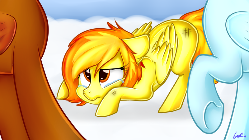 Size: 2758x1550 | Tagged: semi-grimdark, artist:shyshyoctavia, derpibooru import, spitfire, pegasus, pony, abuse, bully, bullying, crying, female, filly, filly spitfire, sad, spittabuse, underhoof, younger