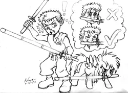 Size: 1099x800 | Tagged: artist:irie-mangastudios, child, crossover, filly, monochrome, nom, one piece, pencil drawing, practice swords, rainbow dash, roronoa zoro, safe, sword, thought bubble