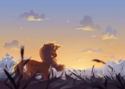 Size: 3508x2480 | Tagged: safe, artist:cmaggot, derpibooru import, applejack, earth pony, pony, back, backlighting, cloud, cloudy, female, grass, mare, rear view, scenery, sky, solo, sunrise, windswept mane