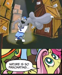 Size: 392x472 | Tagged: derpibooru import, dog, exploitable meme, fluttershy, idw, meme, nature is so fascinating, obligatory pony, rapping dog, safe, titanic the legend goes on, wat