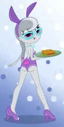 Size: 800x1576 | Tagged: suggestive, artist:ohohokapi, deleted from derpibooru, derpibooru import, silver spoon, equestria girls, ass, breasts, bunny suit, clothes, female, leotard, older, older silver spoon, polka dot background, sandwich, silverbutt, solo, solo female, tray