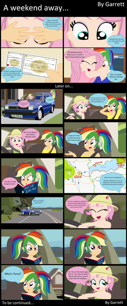 Size: 3950x9500 | Tagged: dead source, safe, artist:garretthegarret, derpibooru import, fluttershy, rainbow dash, comic:a weekend away, equestria girls, alternate hairstyle, car, comic, driving, gift giving, human coloration, map, road, surprised, terry the triumph, ticket, triumph, triumph acclaim, vacation