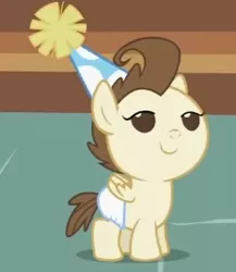 Size: 232x267 | Tagged: safe, derpibooru import, screencap, pound cake, pony, baby cakes, baby, baby pony, colt, cute, diaper, diapered, diapered colt, hat, lidded eyes, like a boss, looking at you, male, one month old colt, party hat, solo, white diaper