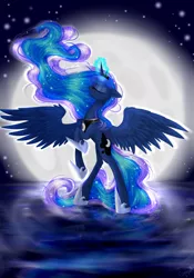 Size: 4816x6874 | Tagged: absurd resolution, alicorn, artist:alicjaspring, crown, derpibooru import, ethereal mane, eyes closed, female, glowing horn, hoof shoes, horn, jewelry, moon, night, princess luna, reflection, regalia, safe, solo, spread wings, standing, stars, wings
