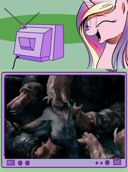 Size: 564x760 | Tagged: andy serkis, cadance laughs at your misery, carnictis sordicus, derpibooru import, exploitable meme, grimdark, idw, king kong, lumpy, meme, obligatory pony, princess cadance, tv meme, vore