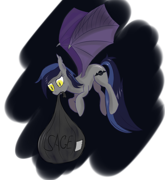 Size: 1234x1346 | Tagged: safe, derpibooru import, oc, unofficial characters only, bat pony, pony, bat pony oc, flying, mouth hold, sack, sage, smiling, solo, spread wings