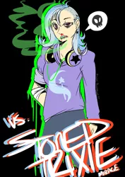 Size: 500x707 | Tagged: artist:silent ponytagonist, blood, derpibooru import, drugs, headphones, human, humanized, light skin, nosebleed, pictogram, safe, solo, stoned trixie, trixie, undercut