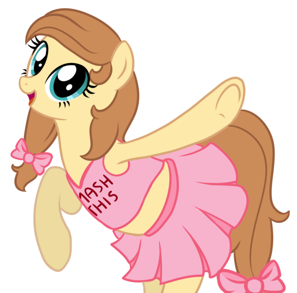 Size: 2029x2000 | Tagged: suggestive, artist:bamthand, artist:shyshyoctavia, derpibooru import, oc, oc:cream heart, unofficial characters only, pony, bipedal, cheerleader, clothes, female, looking at you, midriff, open mouth, skirt, smiling, solo, solo female