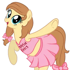 Size: 2029x2000 | Tagged: suggestive, artist:bamthand, artist:shyshyoctavia, derpibooru import, oc, oc:cream heart, unofficial characters only, pony, bipedal, cheerleader, clothes, female, looking at you, midriff, open mouth, skirt, smiling, solo, solo female