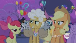Size: 934x527 | Tagged: safe, derpibooru import, screencap, apple bloom, applejack, goldie delicious, twilight sparkle, twilight sparkle (alicorn), alicorn, cat, earth pony, pony, filli vanilli, balloon, female, filly, foal, goldie delicious' cats, hub logo, mare